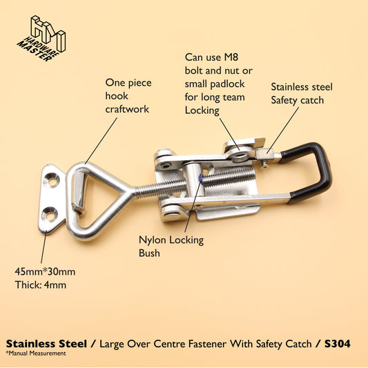 Black Large Over Centre Toggle Latch With Safety Catch | S304 Stainless Steel | Lockable Fastener