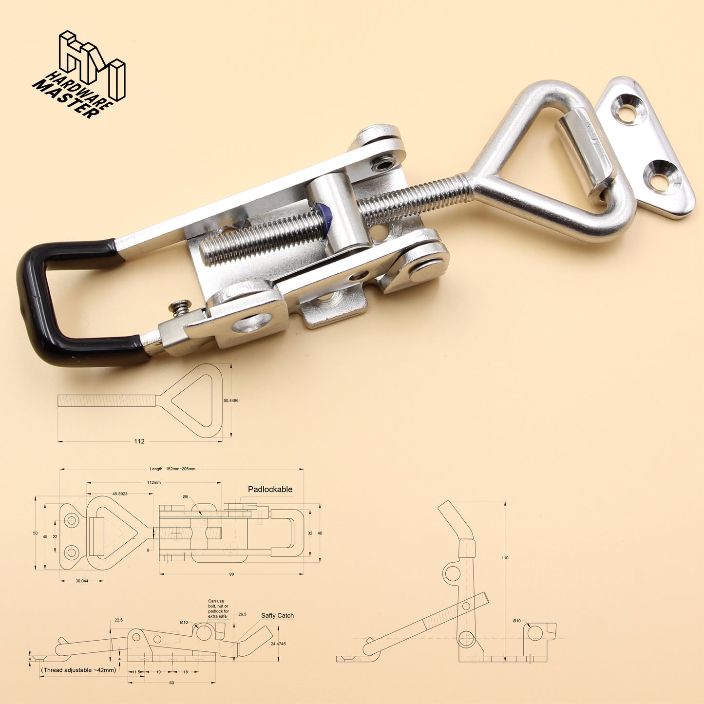 Black Large Over Centre Toggle Latch With Safety Catch | S304 Stainless Steel | Lockable Fastener