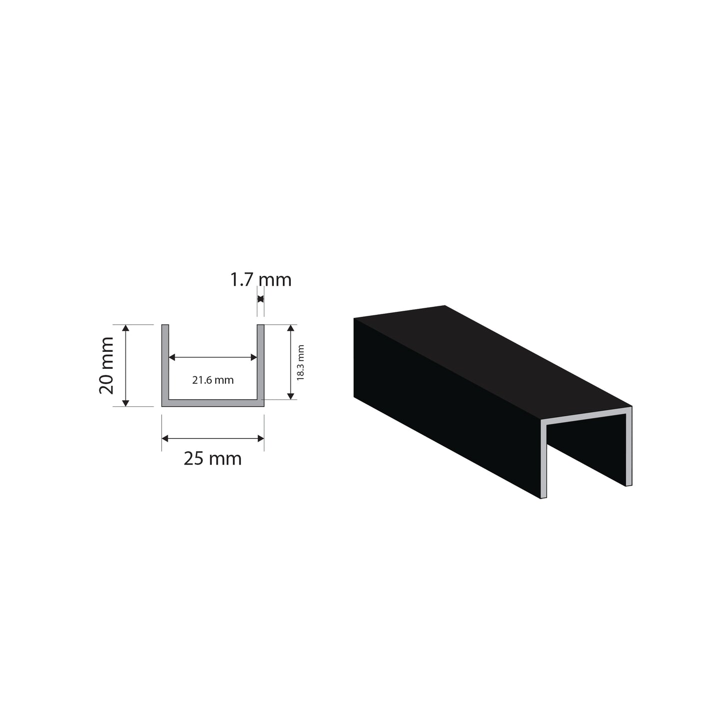 Black Aluminium U Channel | 20x25x1.7mm | 6063 T5 Alloy | Custom Length