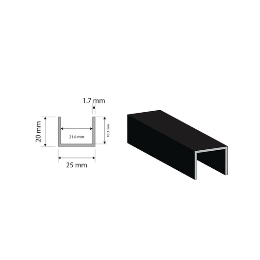 Black Aluminium U Channel | 20x25x1.7mm | 6063 T5 Alloy | Custom Length
