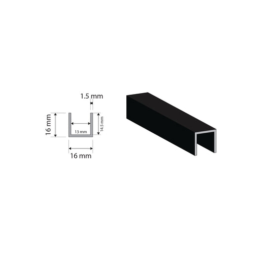 Black Aluminium U Channel | 16x16x1.5mm | 6063 T5 Alloy | Custom Length