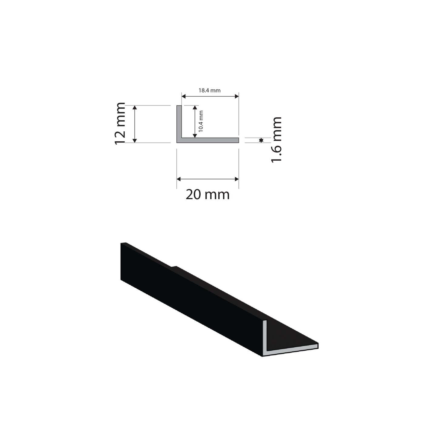 Black Aluminium UnEqual Angle | 20x12x1.6mm | 6063 T5 Alloy | Custom Length