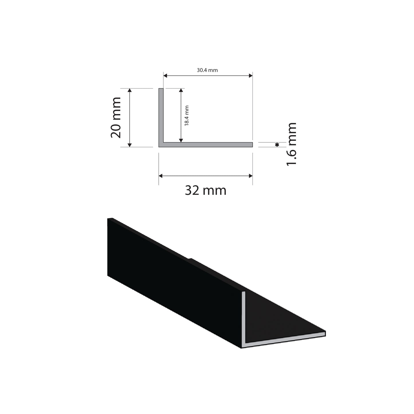 Black Aluminium UnEqual Angle | 32x20x1.6mm | 6063 T5 Alloy | Custom Length