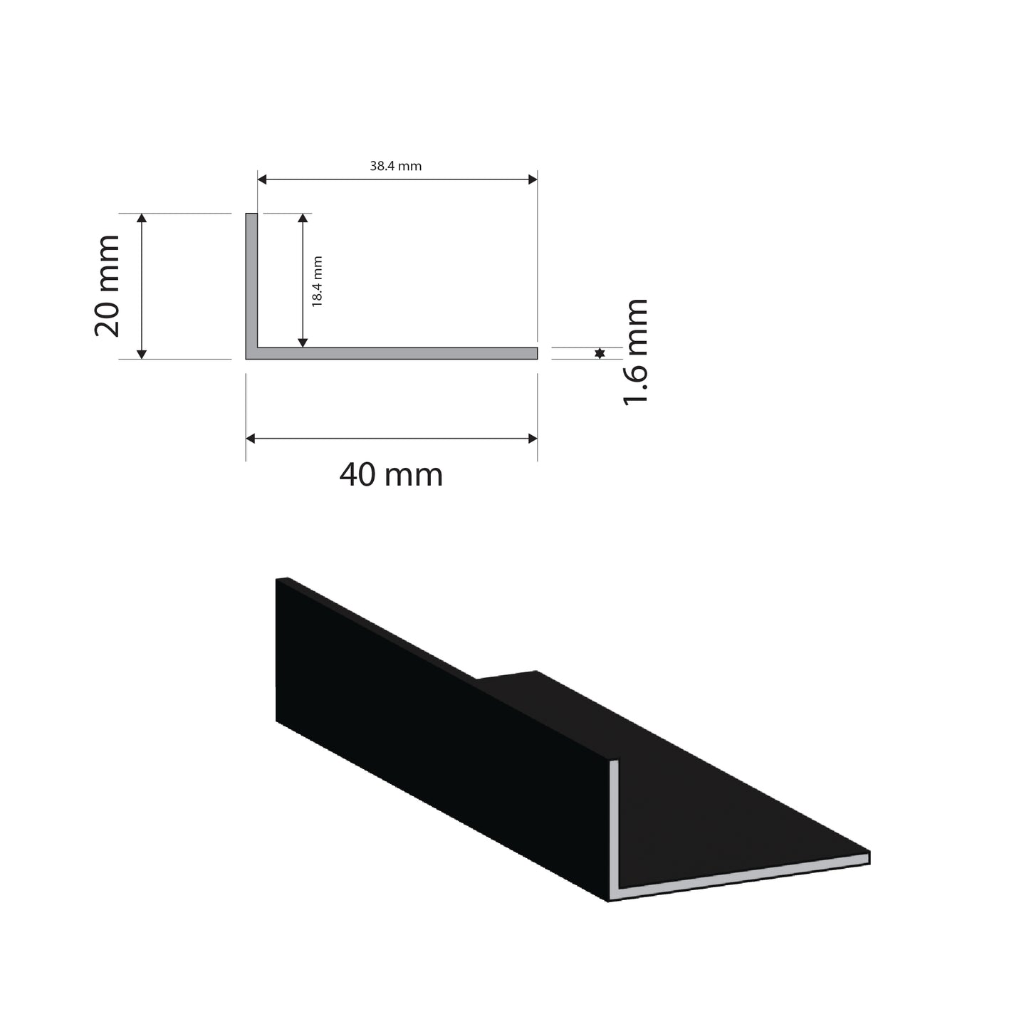 Black Aluminium UnEqual Angle | 40x20x1.6mm | 6063 T5 Alloy | Custom Length