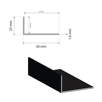 Black Aluminium UnEqual Angle | 50x25x1.6mm | 6063 T5 Alloy | Custom Length