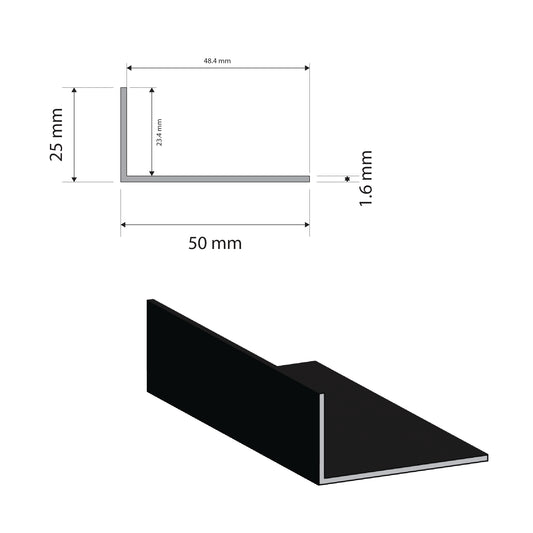 Black Aluminium UnEqual Angle | 50x25x1.6mm | 6063 T5 Alloy | Custom Length