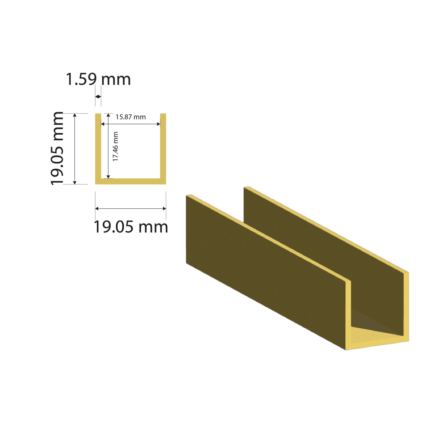 Brass U Channel | 19.05x19.05x1.59mm | C380 | Custom Length