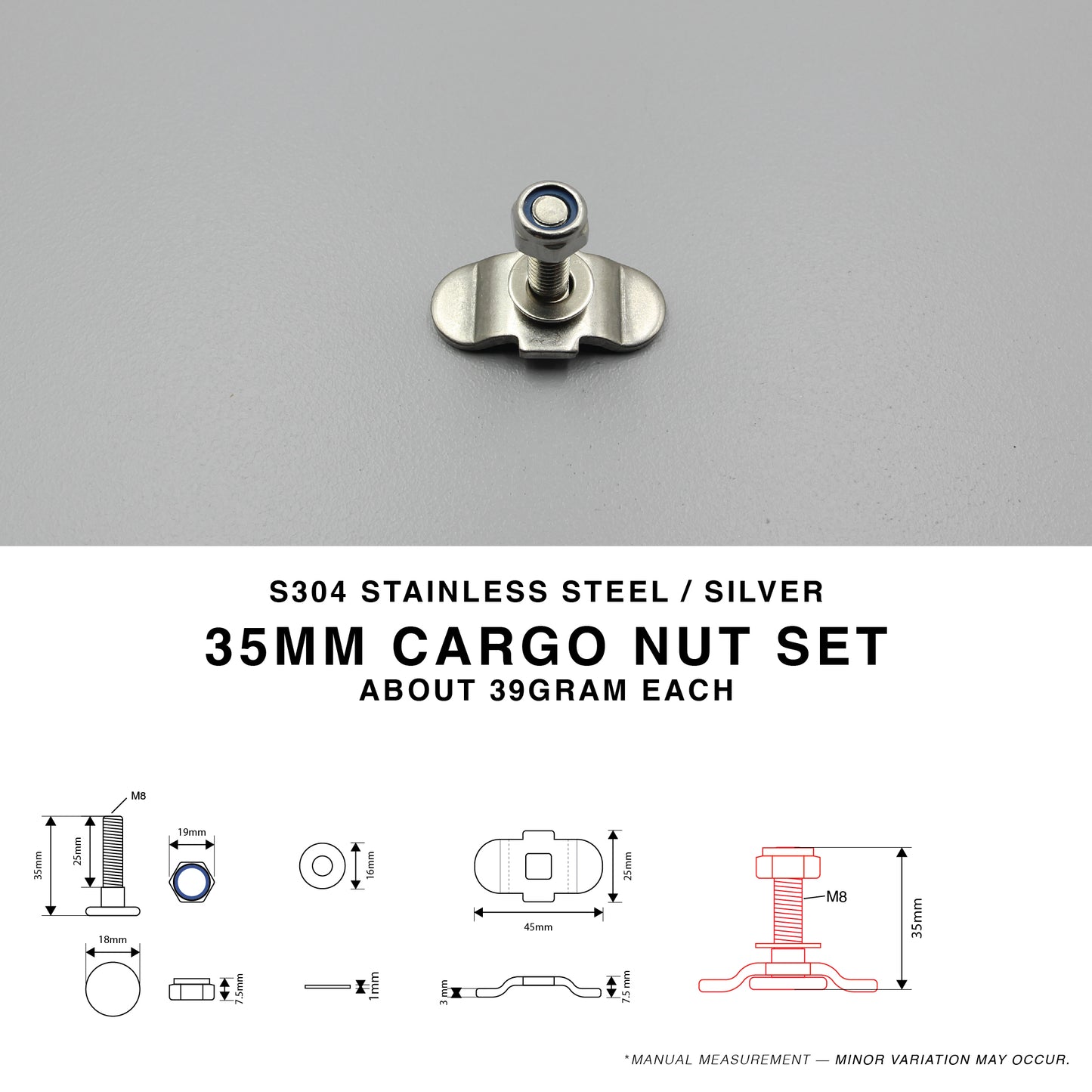 S304 Silver Cargo L Track 35mm Nut Set