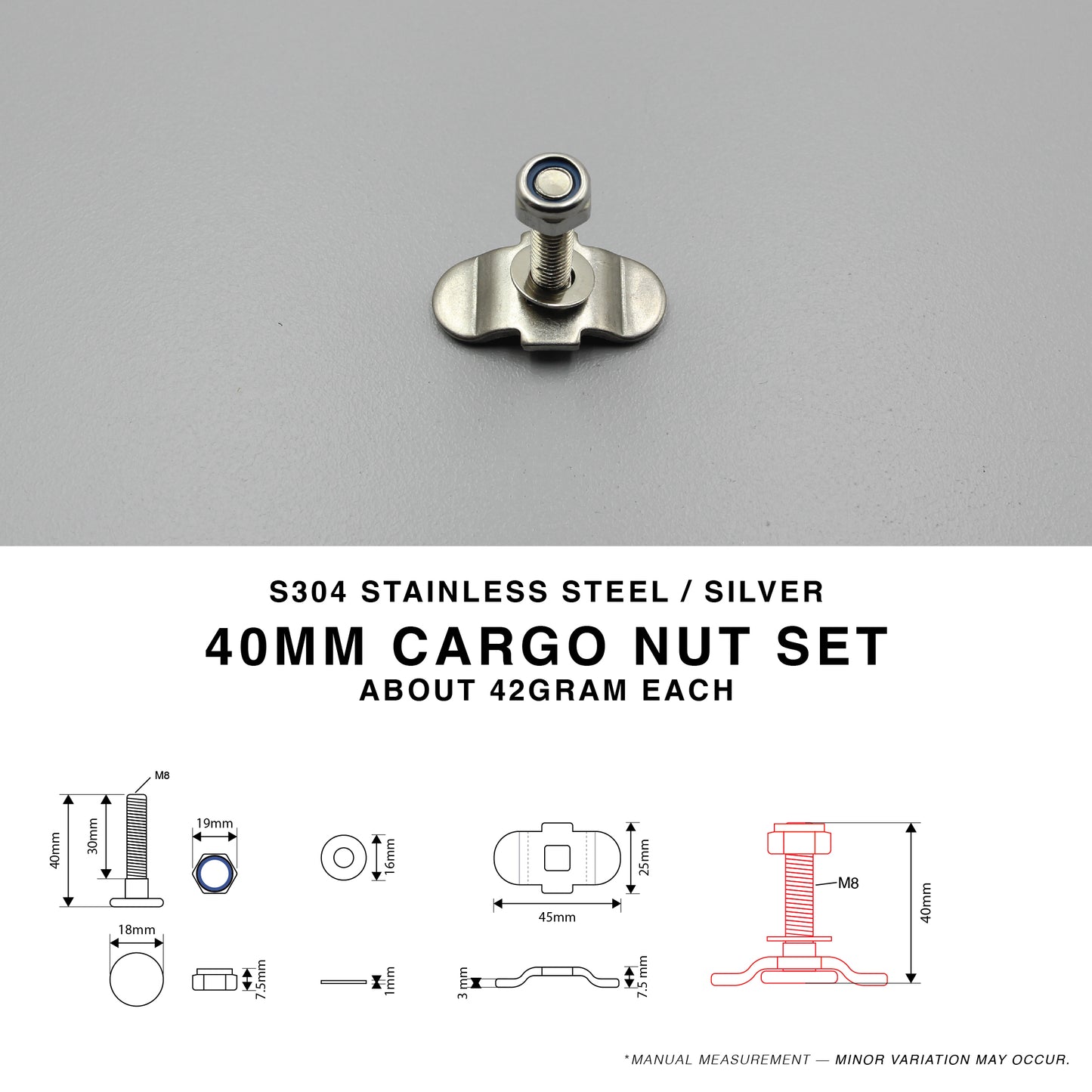 S304 Silver Cargo L Track 40mm Nut Set