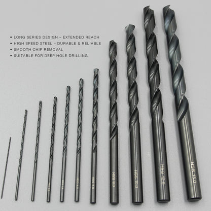Size 1mm – 13mm | Premium HSS Long Series Drill Bits | Type N | Black