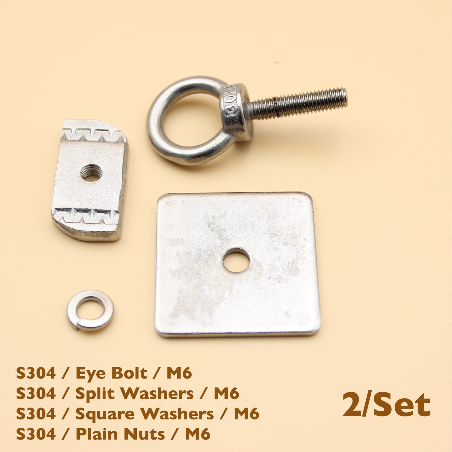 2 Sets - Stainless Steel Unistrut Eye Bolt Tie Down Kit | M6 / M8 / M10
