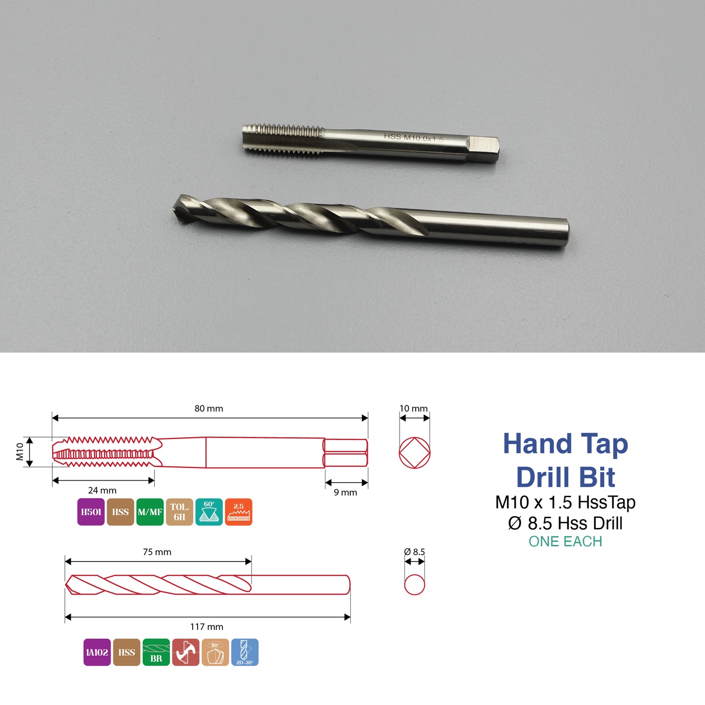 M3 M4 M5 M6 M8 M10 M12 Threading Set | HSS Metric Hand Tap + Matching Drill Bit