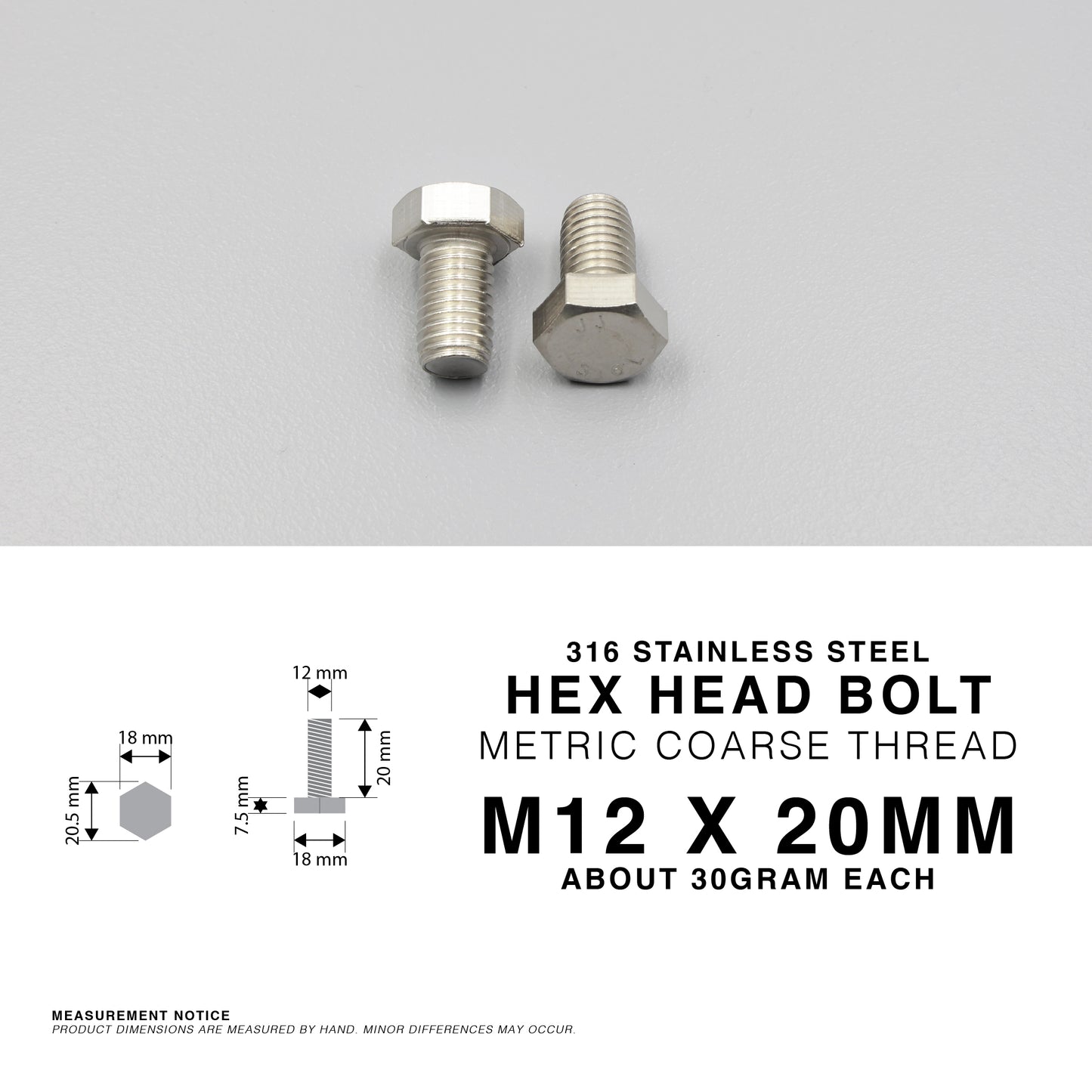 S316 Stainless Steel Hex Head Bolts Metric Coarse Thread M6 M8 M10 M12 Marine