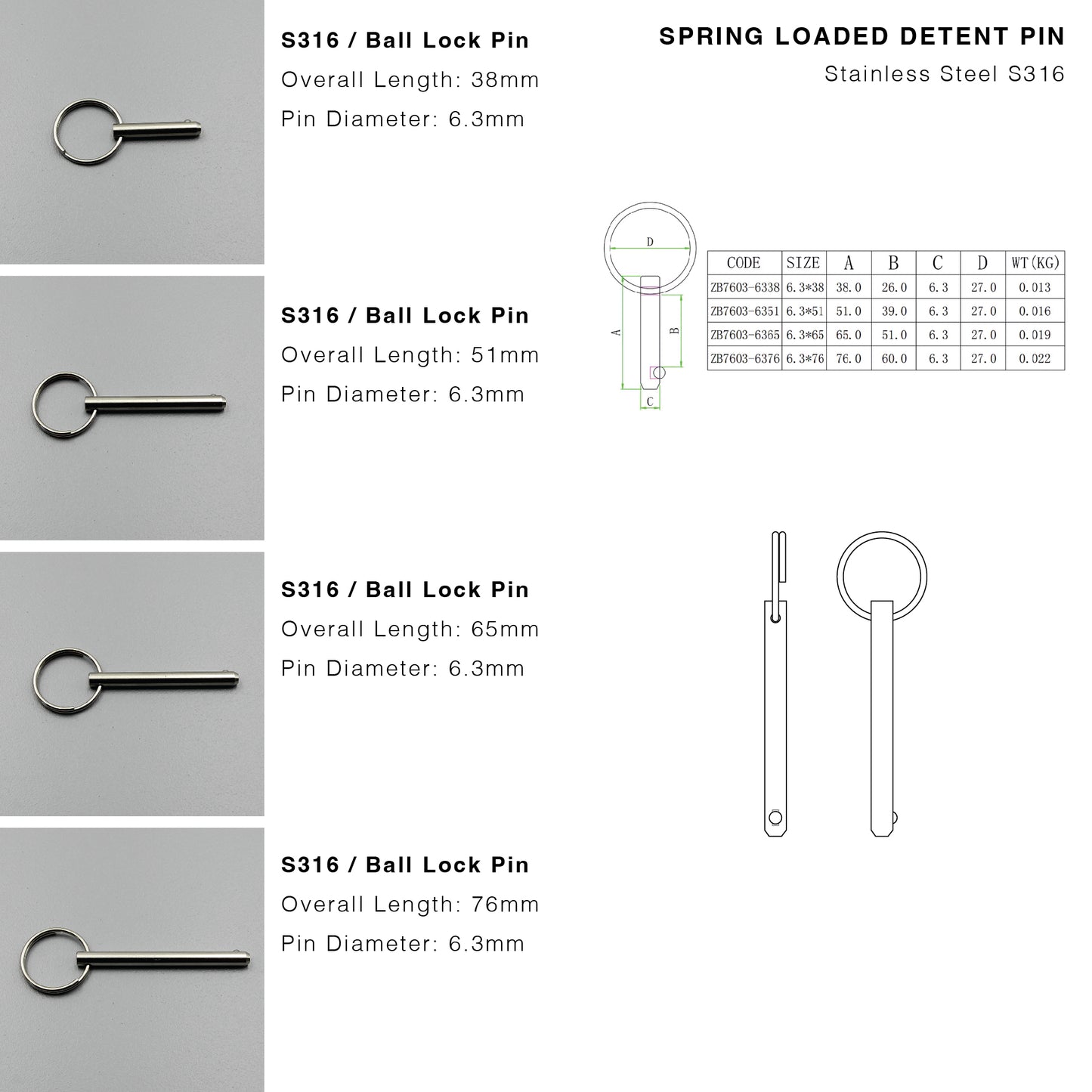 S316 Ball Lock Pin | Quick Release Spring Loaded Type (6.3mm Pin)