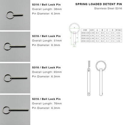 S316 Ball Lock Pin | Quick Release Spring Loaded Type (6.3mm Pin)