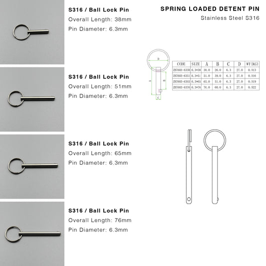 S316 Ball Lock Pin | Quick Release Spring Loaded Type (6.3mm Pin)