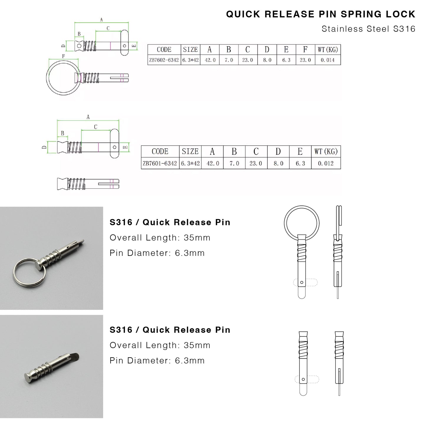 S316 Stainless Steel | Quick Release Locking Pin Spring Lock | 6.3mm