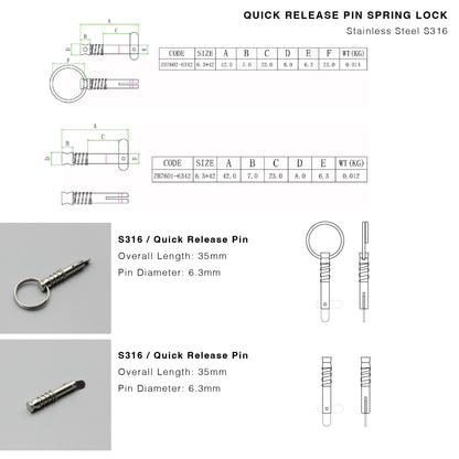 S316 Stainless Steel | Quick Release Locking Pin Spring Lock | 6.3mm