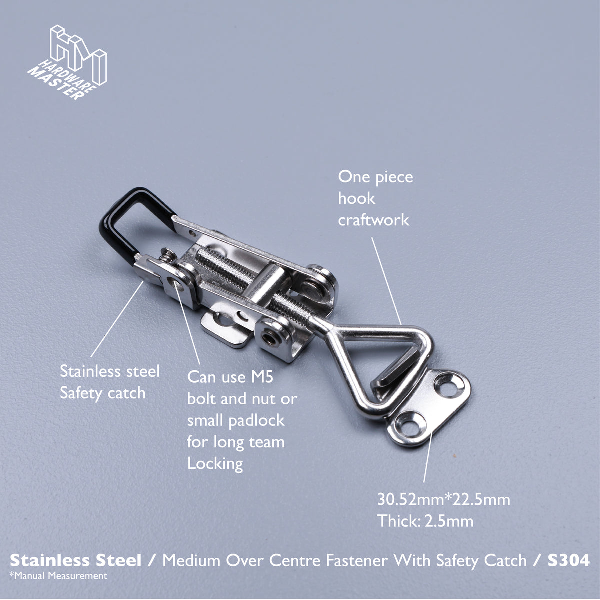 Medium Over Centre Toggle Latch With Safety Catch | S304 Stainless Steel | Black | Lockable Fastener