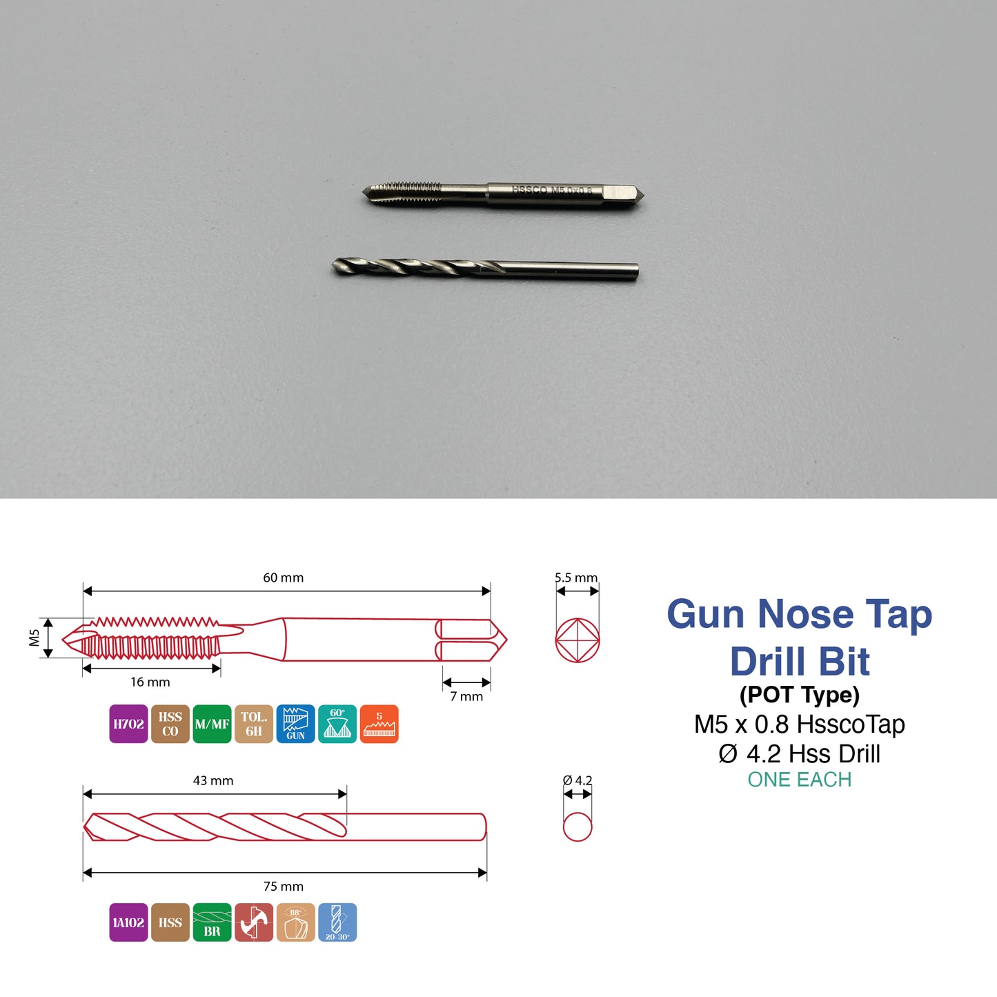 M3 M5 M6 M8 M10 M12 M14 M16 | Machine Gun Nose Tap & Drill Bit Set | HSS HSSCO