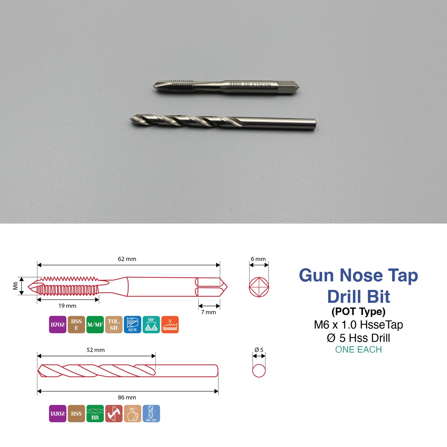 M3 M5 M6 M8 M10 M12 M14 M16 | Machine Gun Nose Tap & Drill Bit Set | HSS HSSCO
