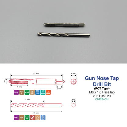 M3 M5 M6 M8 M10 M12 M14 M16 | Machine Gun Nose Tap & Drill Bit Set | HSS HSSCO