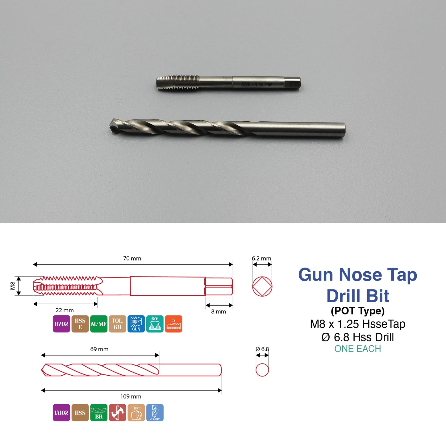 M3 M5 M6 M8 M10 M12 M14 M16 | Machine Gun Nose Tap & Drill Bit Set | HSS HSSCO