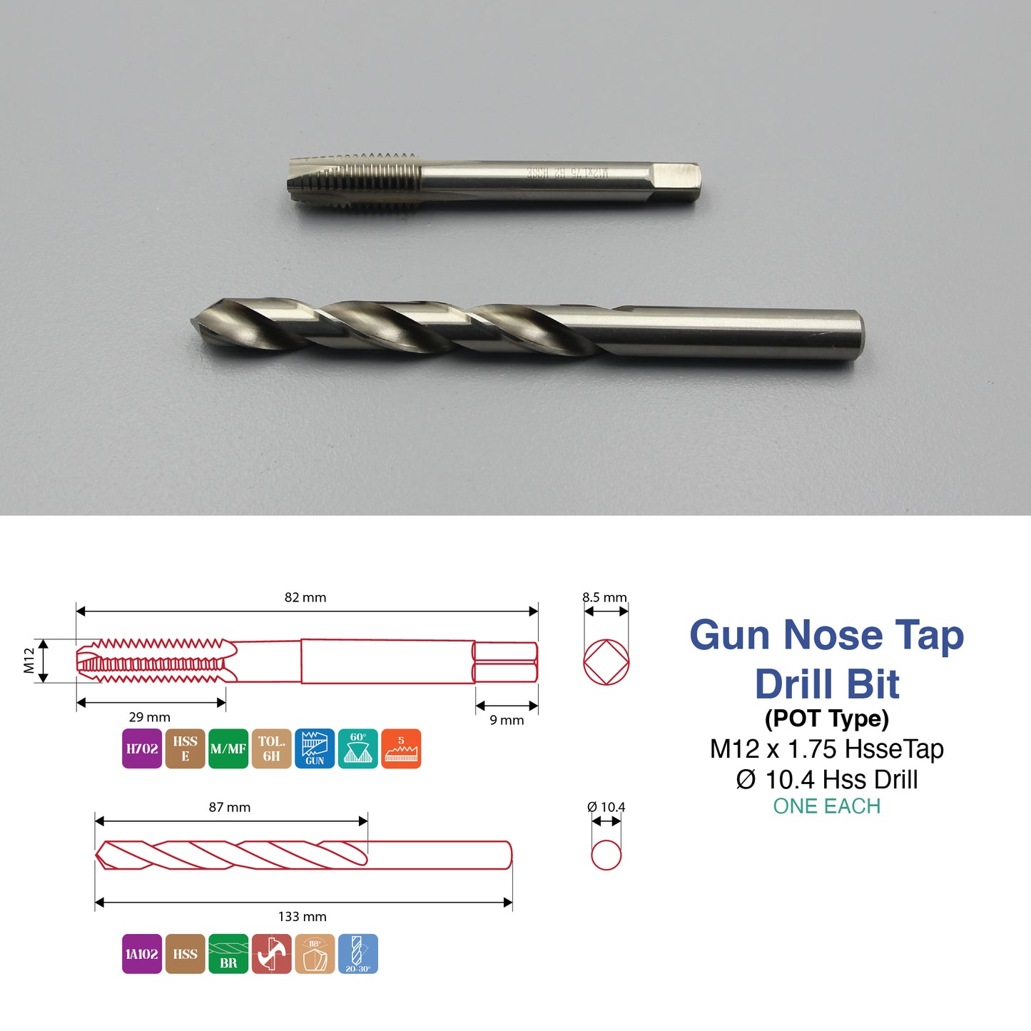 M3 M5 M6 M8 M10 M12 M14 M16 | Machine Gun Nose Tap & Drill Bit Set | HSS HSSCO