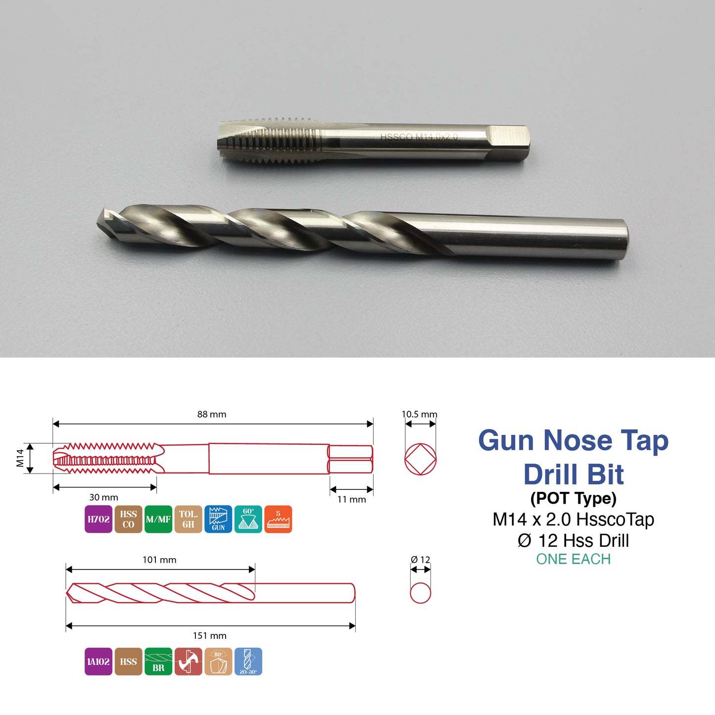 M3 M5 M6 M8 M10 M12 M14 M16 | Machine Gun Nose Tap & Drill Bit Set | HSS HSSCO