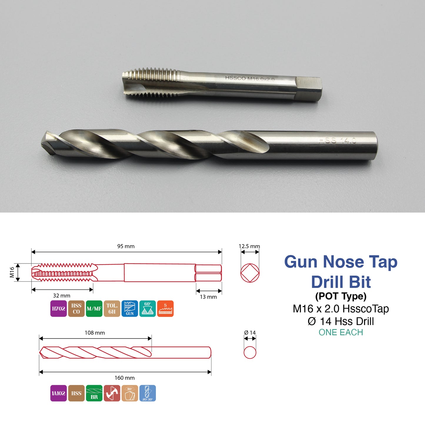 M3 M5 M6 M8 M10 M12 M14 M16 | Machine Gun Nose Tap & Drill Bit Set | HSS HSSCO
