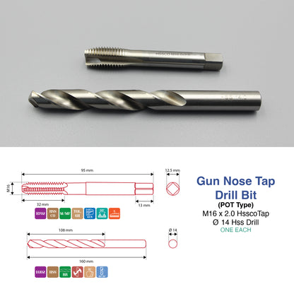 M3 M5 M6 M8 M10 M12 M14 M16 | Machine Gun Nose Tap & Drill Bit Set | HSS HSSCO