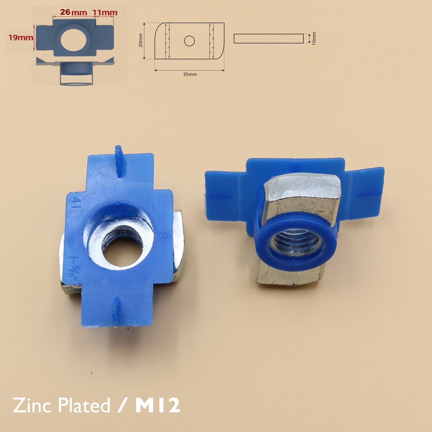 Unistrut Plain Nut With Plastic Wing Cover | 5Qty | Zinc Plated | Channel Nut | M8 M10 M12