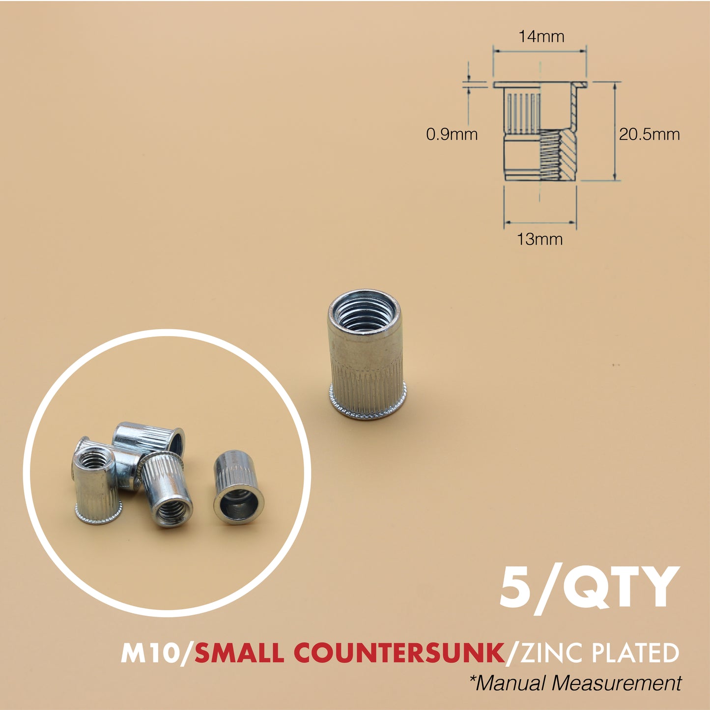 Rivet Nut | Countersunk Flange | 5Qty | Stainless Steel | Zinc Plated | M6 M8 M10