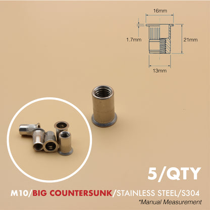 Rivet Nut | Countersunk Flange | 5Qty | Stainless Steel | Zinc Plated | M6 M8 M10