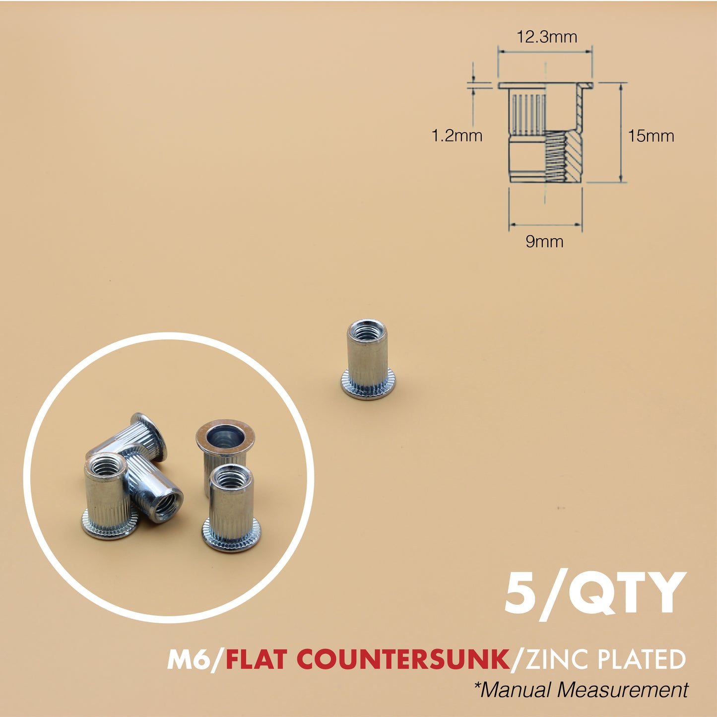 Rivet Nut | Countersunk Flange | 5Qty | Stainless Steel | Zinc Plated | M6 M8 M10