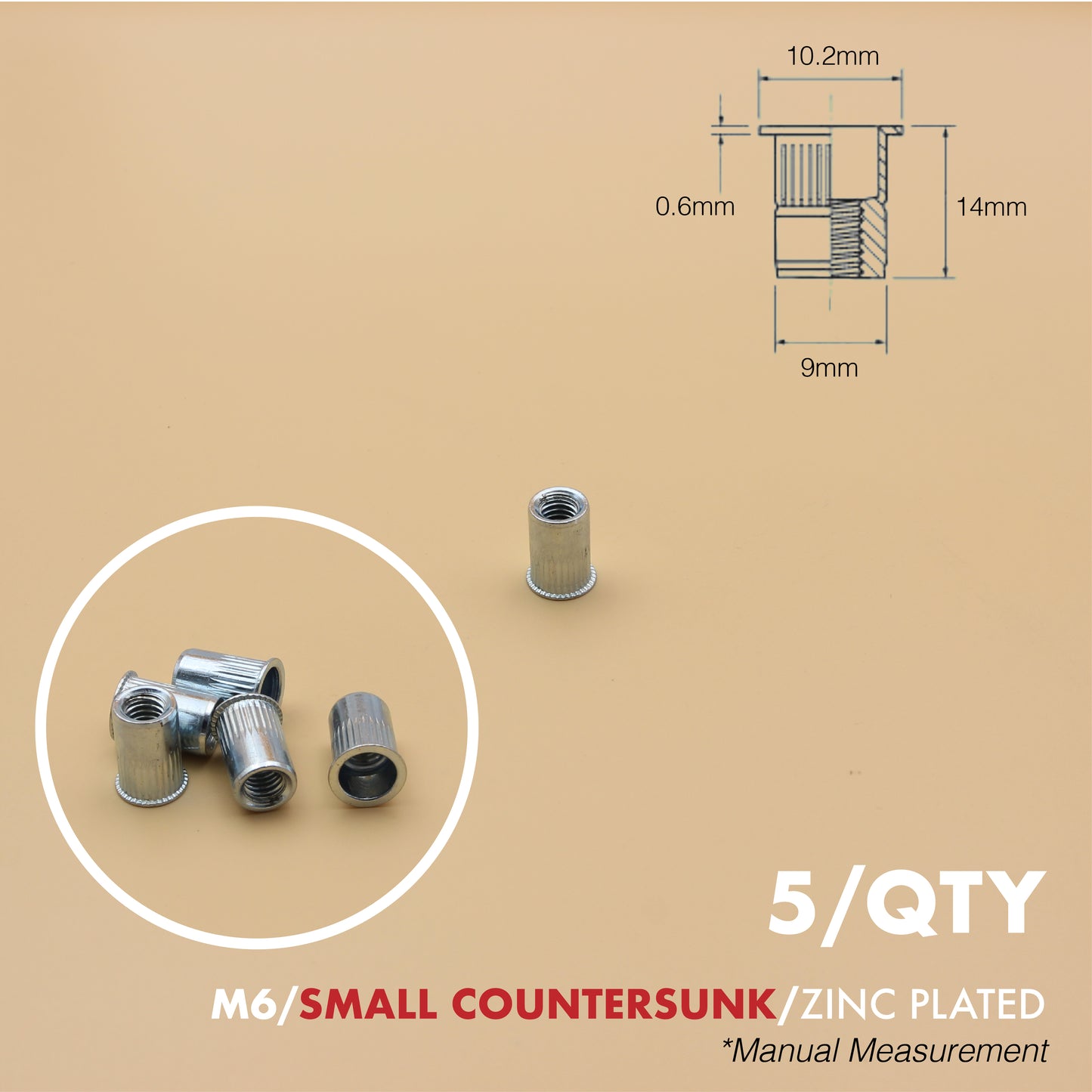 Rivet Nut | Countersunk Flange | 5Qty | Stainless Steel | Zinc Plated | M6 M8 M10