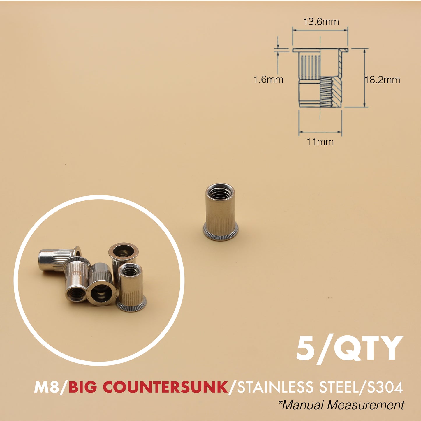 Rivet Nut | Countersunk Flange | 5Qty | Stainless Steel | Zinc Plated | M6 M8 M10
