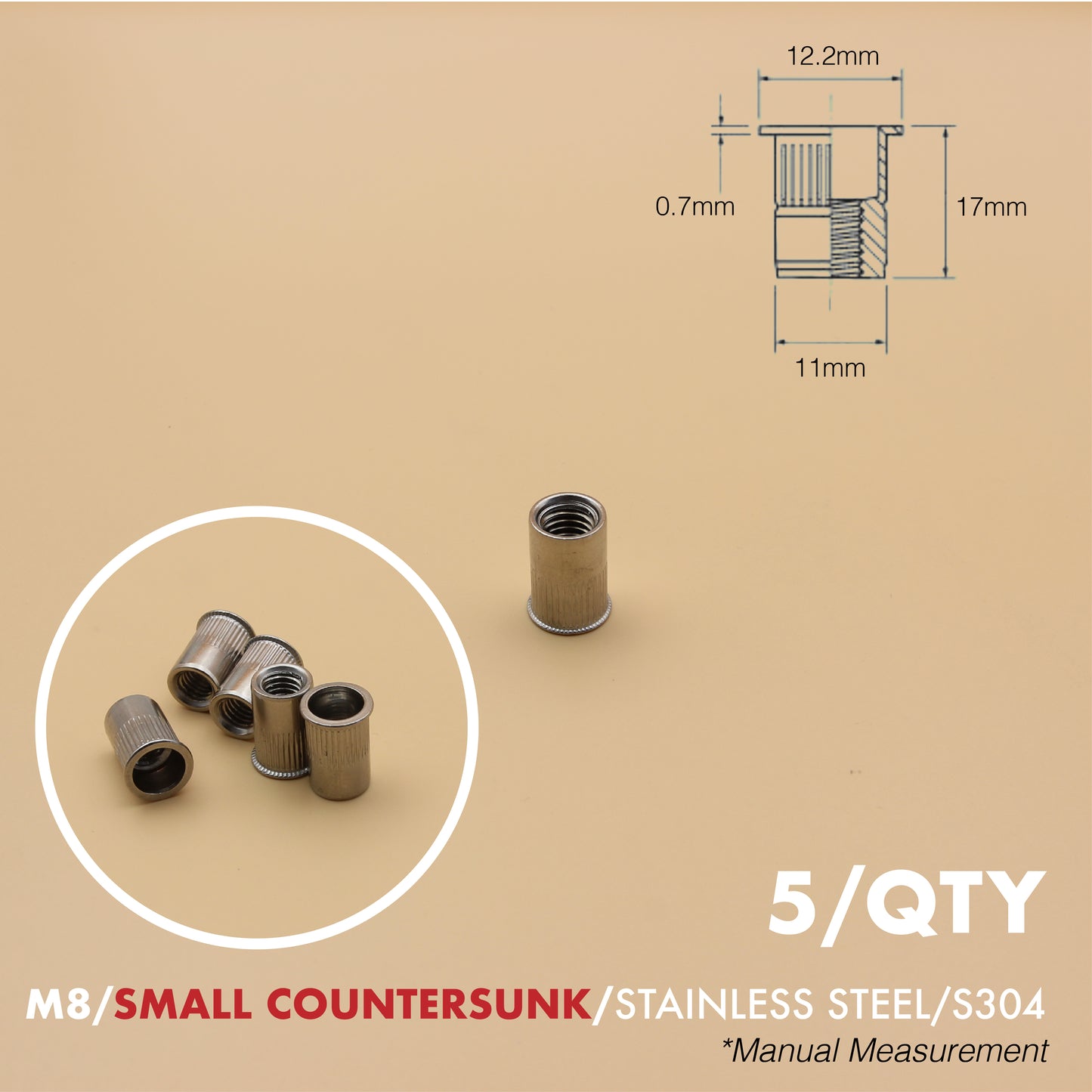 Rivet Nut | Countersunk Flange | 5Qty | Stainless Steel | Zinc Plated | M6 M8 M10