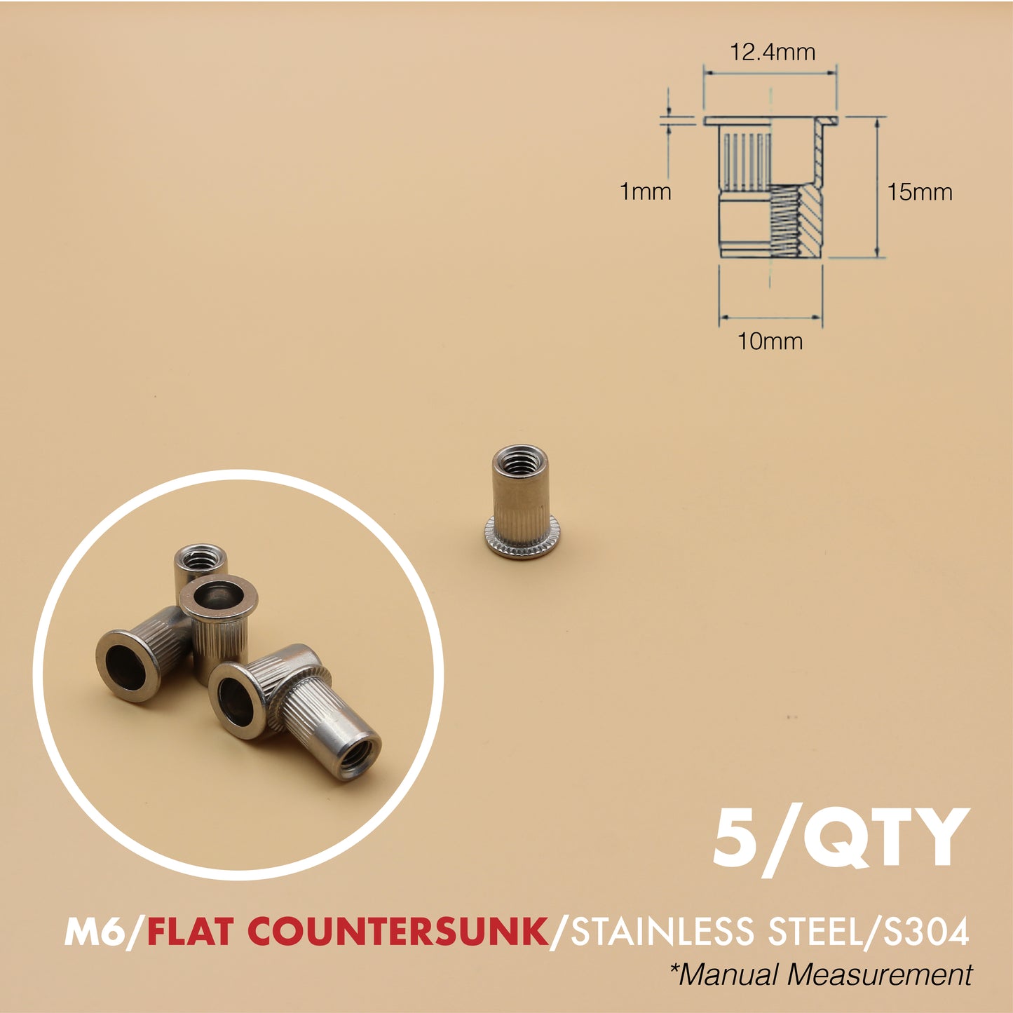 Rivet Nut | Countersunk Flange | 5Qty | Stainless Steel | Zinc Plated | M6 M8 M10