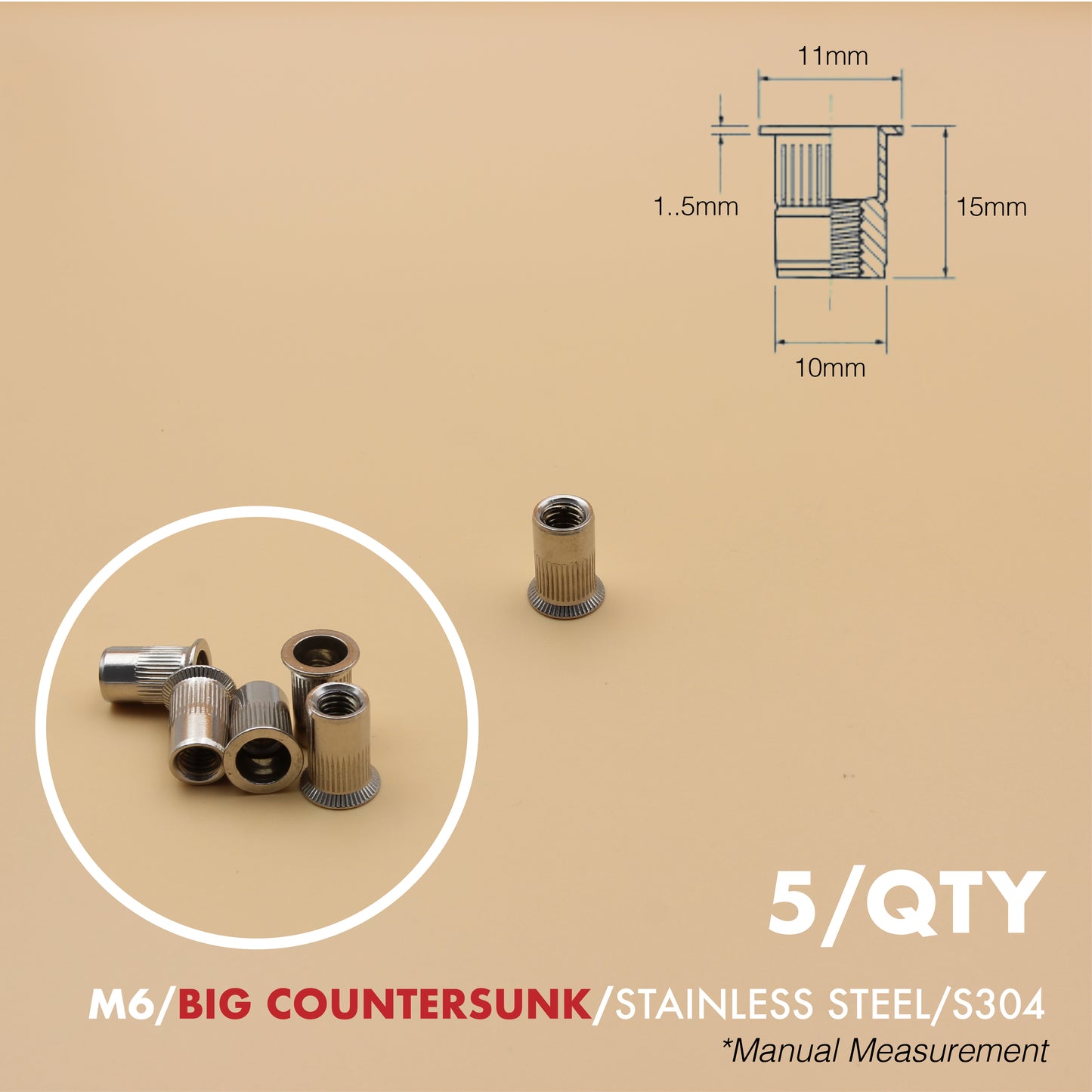 Rivet Nut | Countersunk Flange | 5Qty | Stainless Steel | Zinc Plated | M6 M8 M10