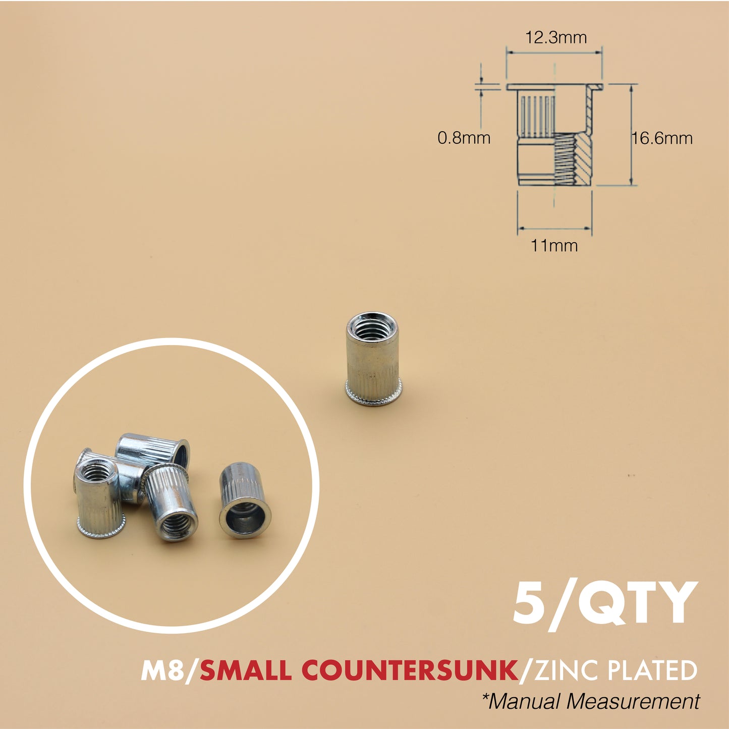 Rivet Nut | Countersunk Flange | 5Qty | Stainless Steel | Zinc Plated | M6 M8 M10