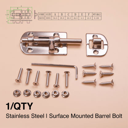 S316 Stainless Steel Barrel Bolt Slide Latch – 94 x 38mm Marine Grade