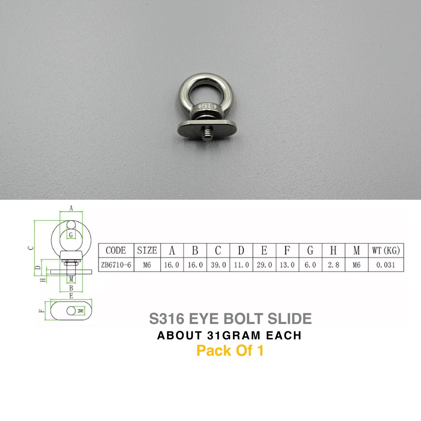 S316 Marine-Grade M6 Slid Rail Locking Eye Bolt Ring Track Tie-Down Anchor