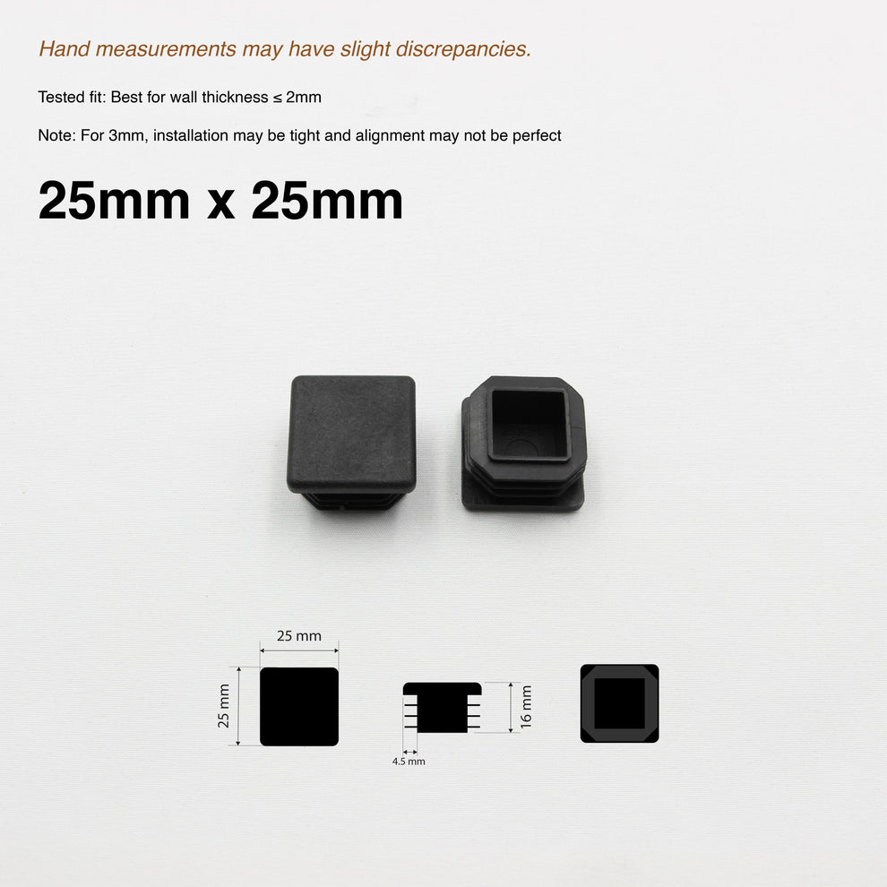 2x Plastic SHS/RHS Tube End Caps - Black - [25x25 / 40x40 / 50x50 / 50 ...