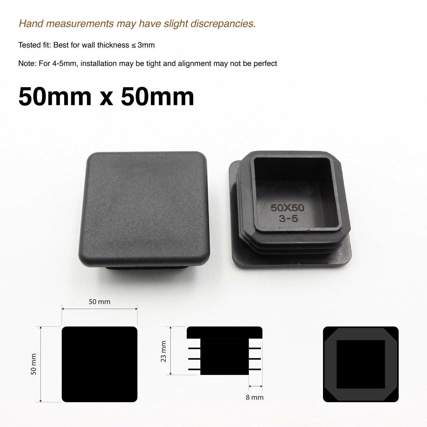 2x Plastic SHS/RHS Tube End Caps - Black - [25x25 / 40x40 / 50x50 / 50x100]