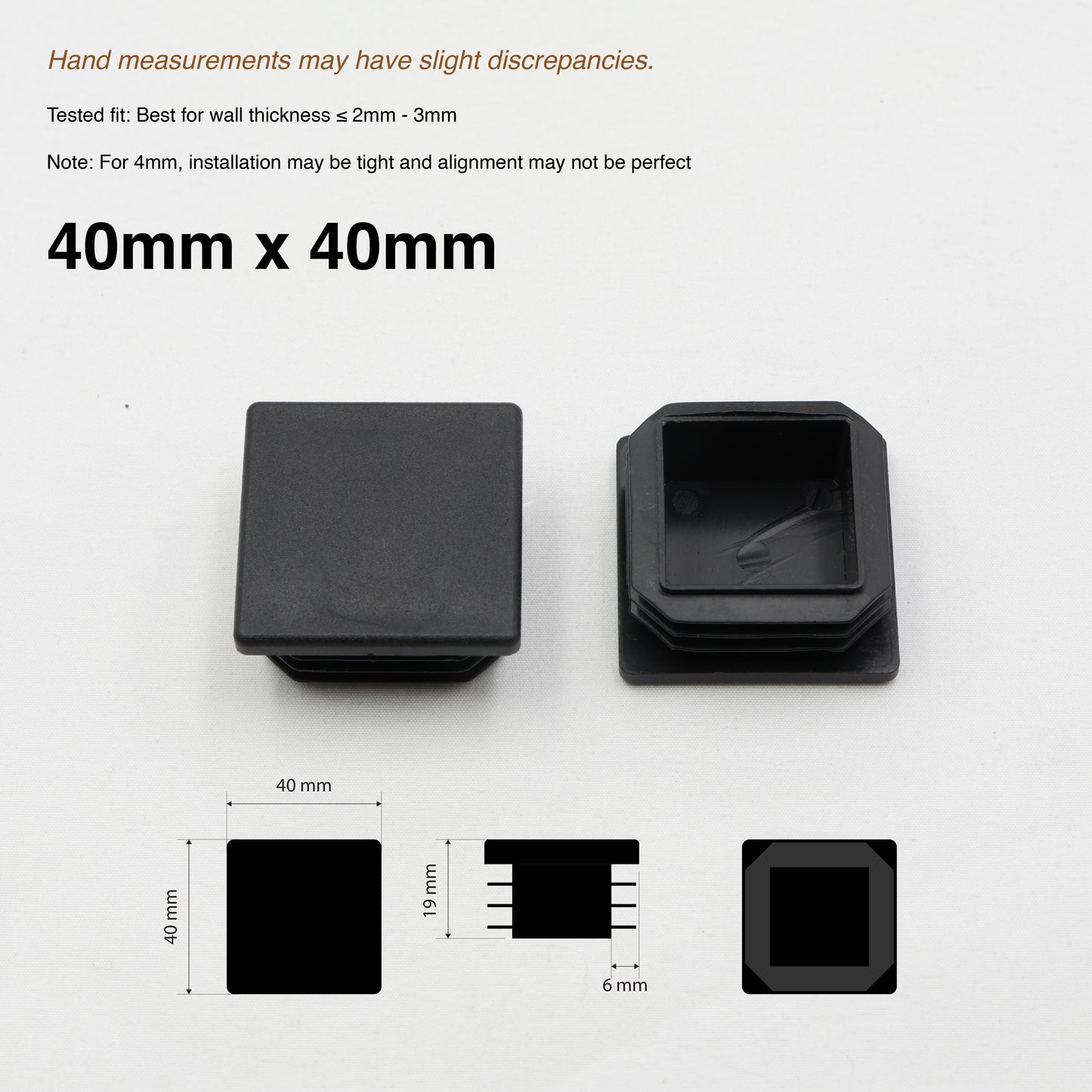 2x Plastic SHS/RHS Tube End Caps - Black - [25x25 / 40x40 / 50x50 / 50x100]