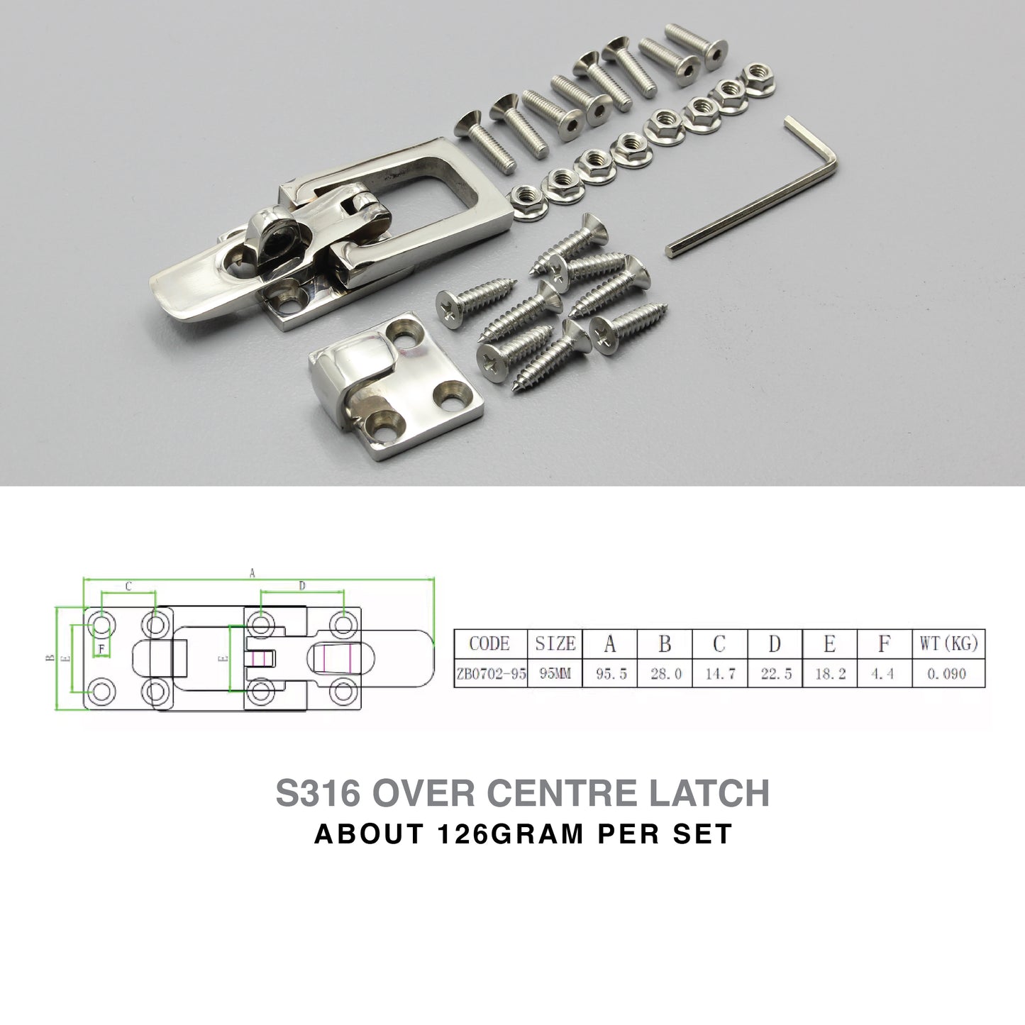 S316 Stainless Steel Toggle Latch 95mm Over Centre Catch Heavy Duty Marine Grade