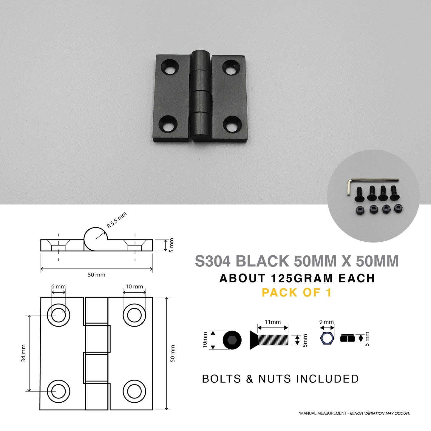 Butt Hinge S304 Stainless Steel | 50mm / 75mm | Heavy Duty | Black/Silver | Door