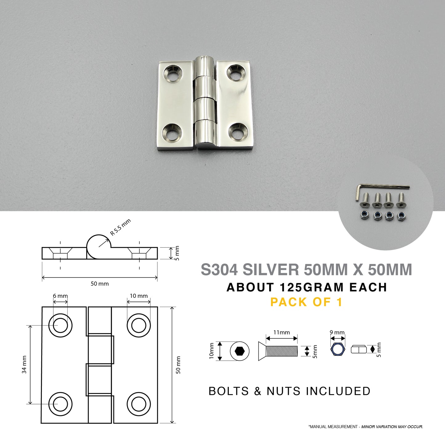 Butt Hinge S304 Stainless Steel | 50mm / 75mm | Heavy Duty | Black/Silver | Door