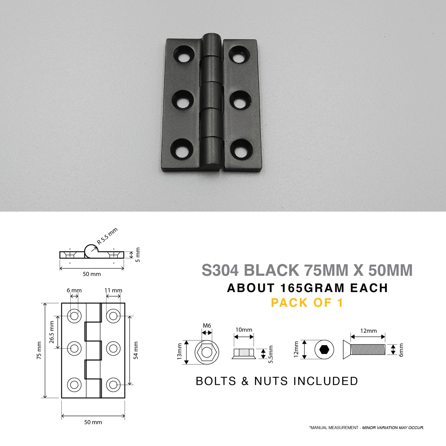 Butt Hinge S304 Stainless Steel | 50mm / 75mm | Heavy Duty | Black/Silver | Door
